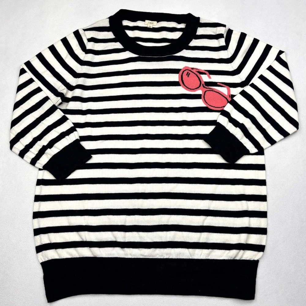 JCrew Womens Medium Striped Sweater Blue White Pink Sunglasses Cotton Knit 09473
